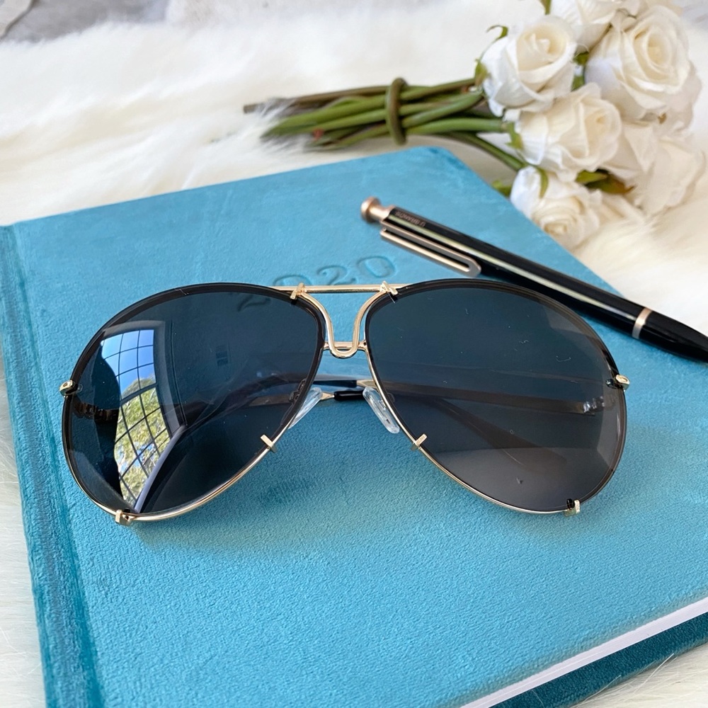 Gold Frame Black Lens Aviator Sunglasses - Women